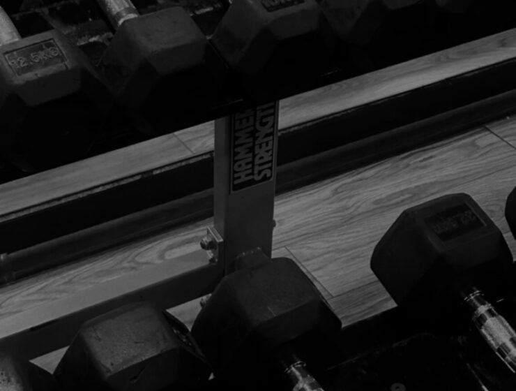 Dumbbells weights on a rack.